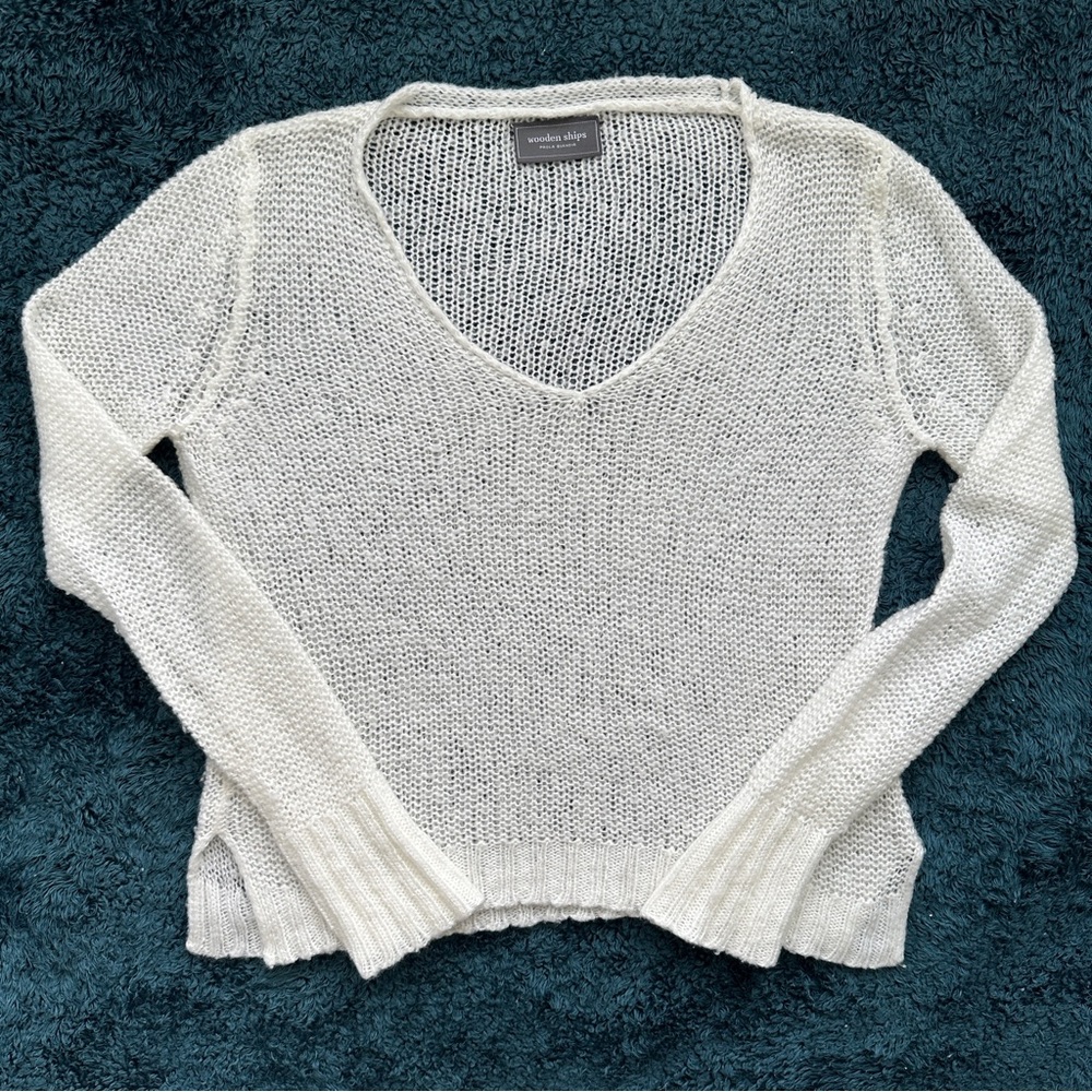 Wooden Ships Wool Mohair Blend Open Knit V Neck Sweater